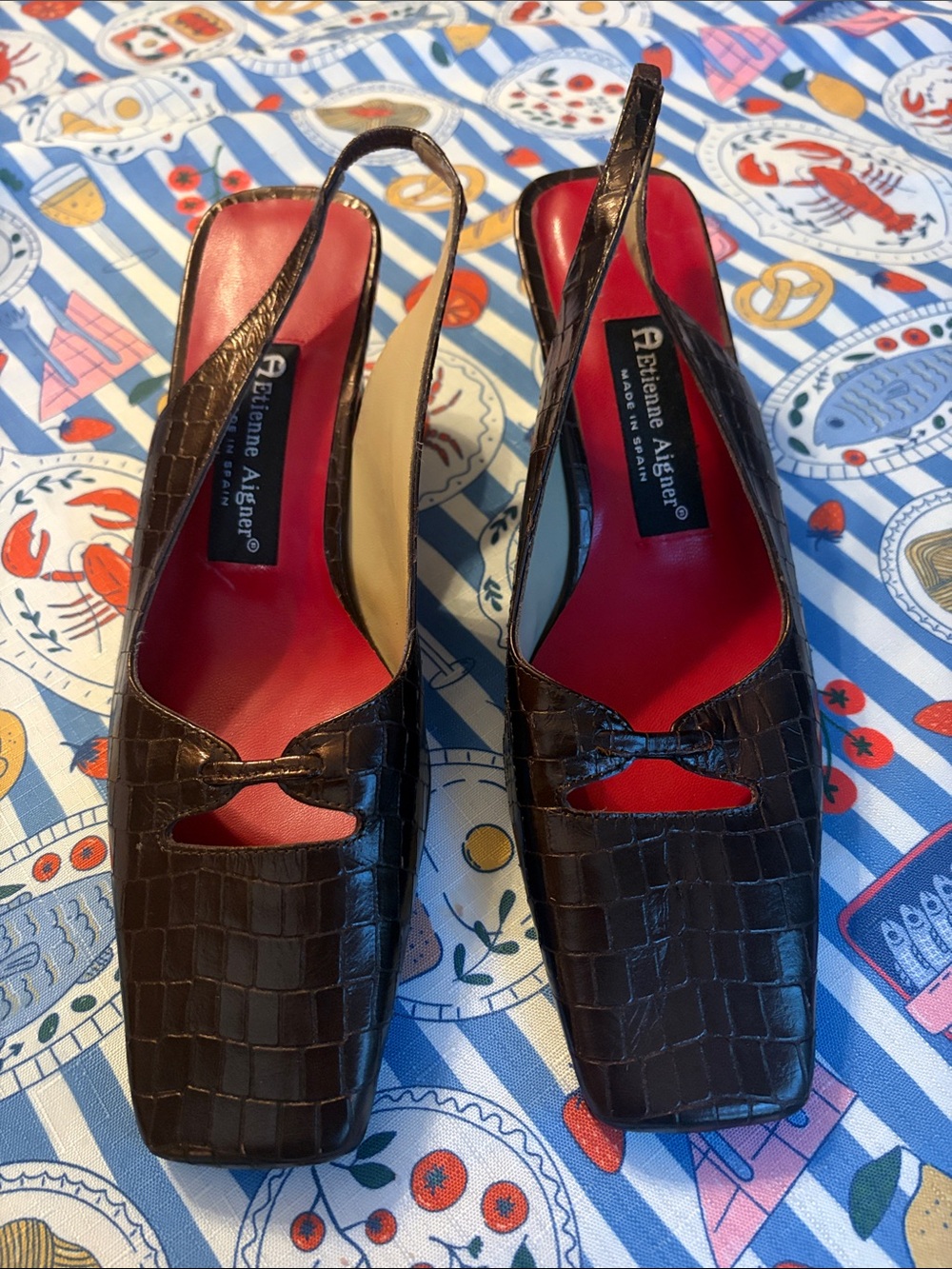Etienne Aigner Brown Croc-Embossed Slingback Mules with Red Insole.